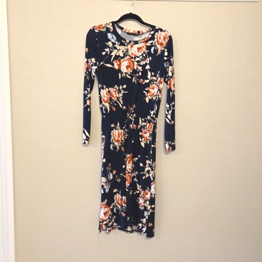 Navy blue floral cinch waist dress